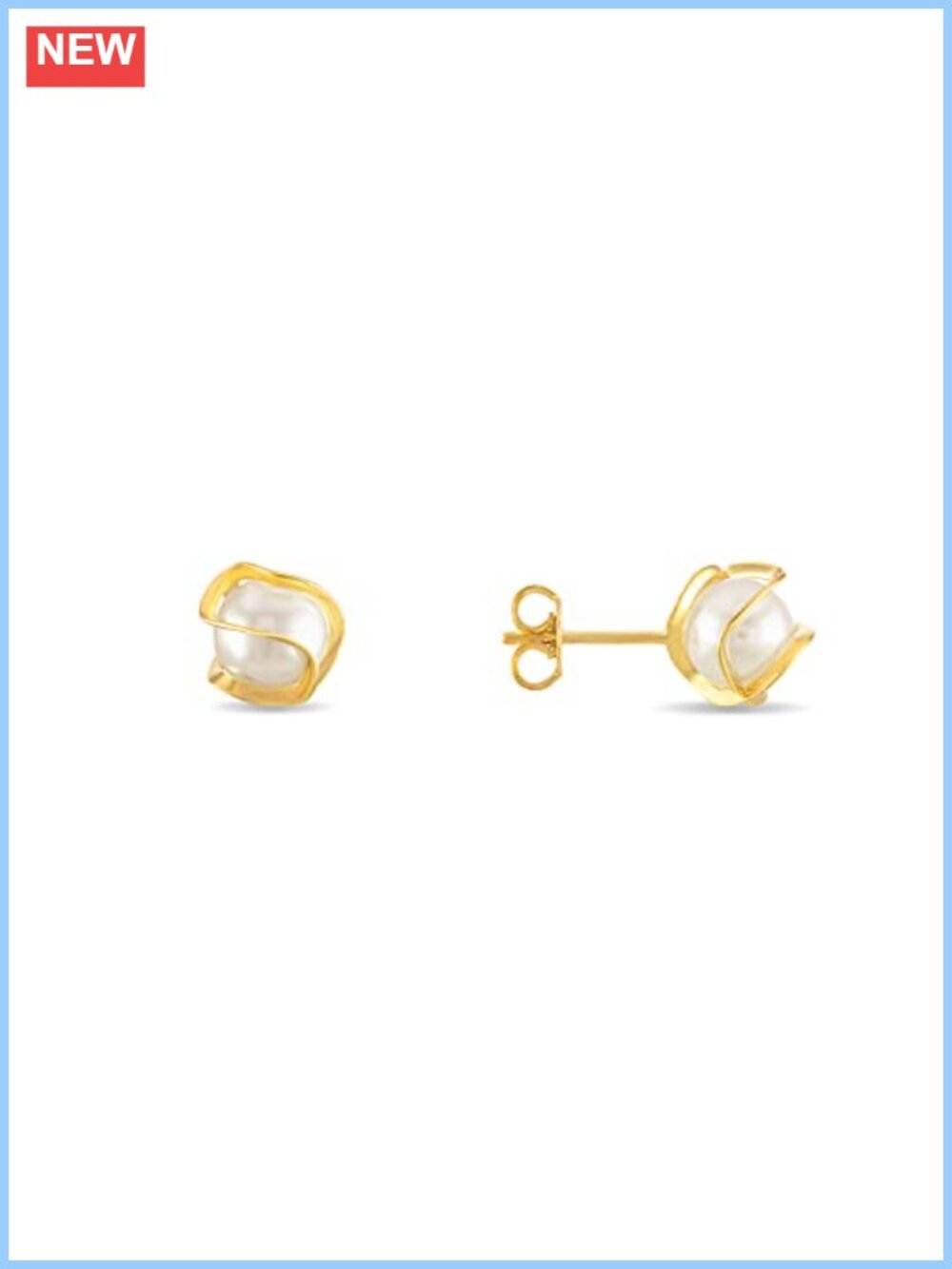18K Gold Plated Caged Pearl Stud Earrings 6MM Push Back